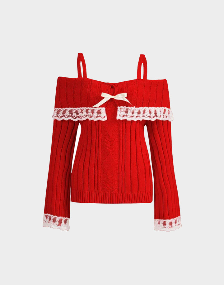 ruffle off shoulder y2k kawaii sweater top in red color