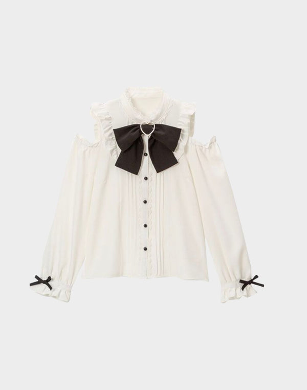 Classic white gothic blouse with turn-down collar, slight stretch blended fabric, perfect for goth Asian fashion enthusiasts.