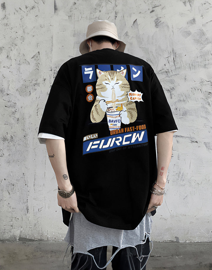 the back view of japanese streetwear tshirt men by model