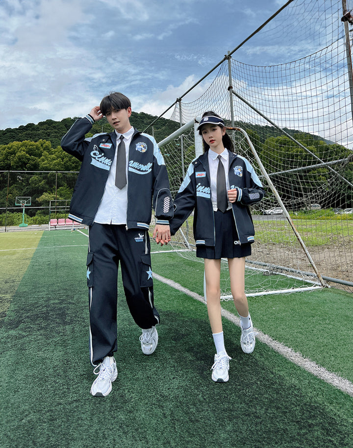 Model in sport field wearing Cinnamoroll Racing Jacket and Pants, showcasing kawaii fashion with a sporty twist, perfect for y2k and Harajuku style enthusiasts.