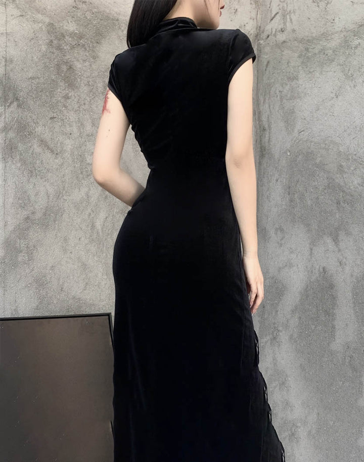 Model Showing the Back Side Of Dark Goth Cheongsam Dress in Velvet Texture