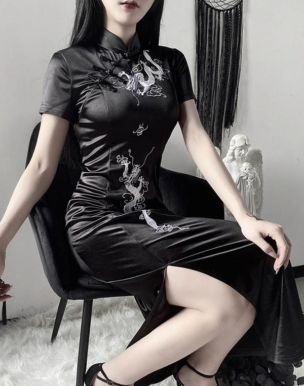 Close-Up of Model Wearing the Dark Goth Cheongsam Dress in Polyester