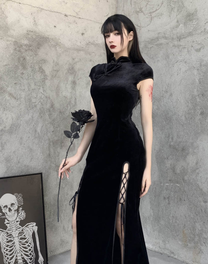 Model in Velvet Dark Goth Cheongsam Dress Holding a Black Rose