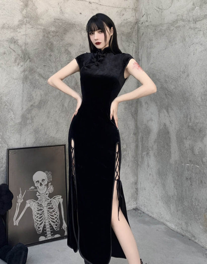 Model Showcasing the Velvet Material of the Dark Goth Cheongsam Dress