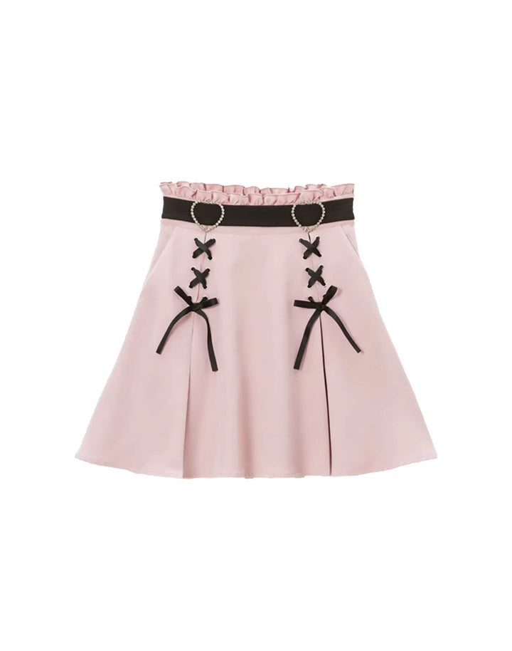 Pink Jirai Kei Ruffle Skirt - Front View with Lace-Up Detail