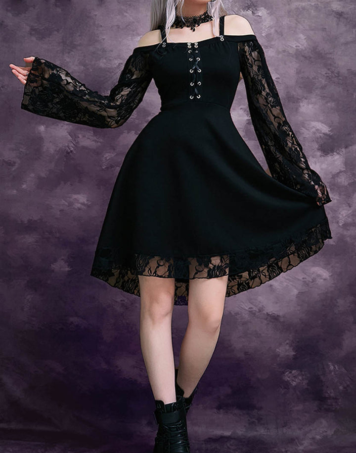 Model Showcasing Front View of Goth Lace Off-The-Shoulder Strap Mini Dress