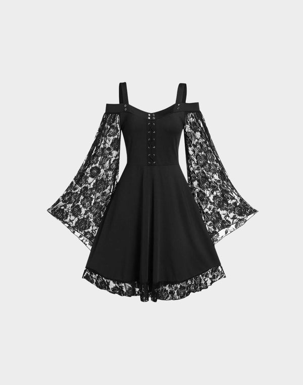 Front View of Goth Lace Off-The-Shoulder Strap Mini Dress in Black