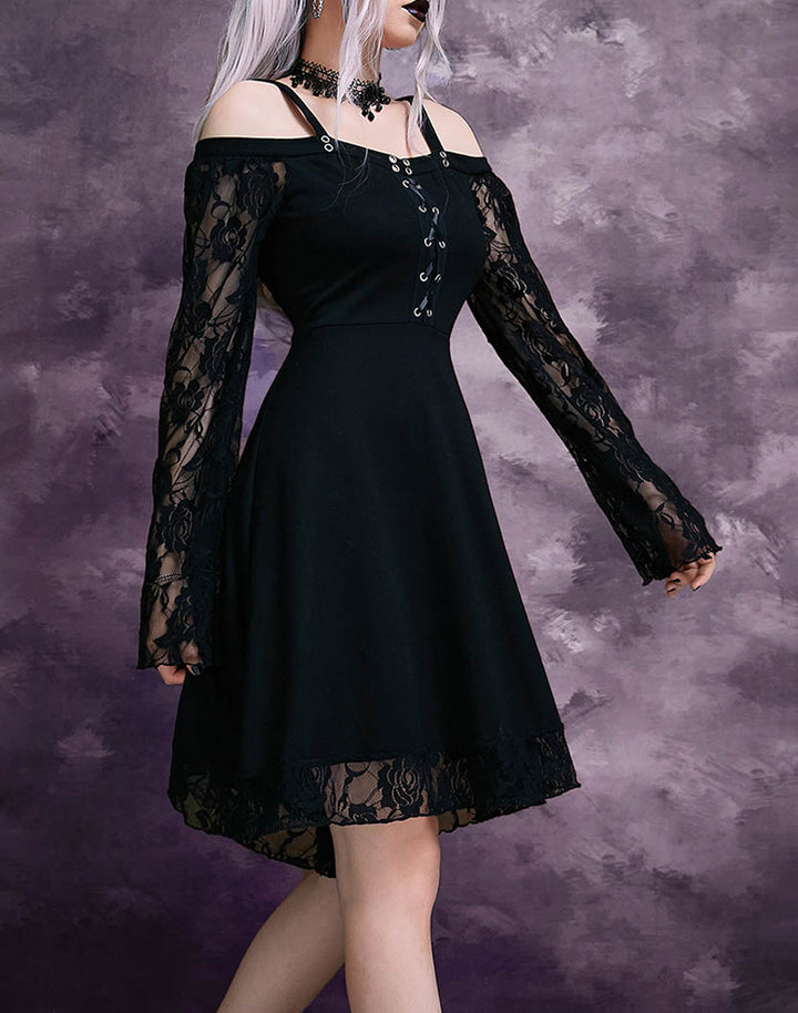 Model Showcasing Side View of Goth Lace Off-The-Shoulder Strap Mini Dress
