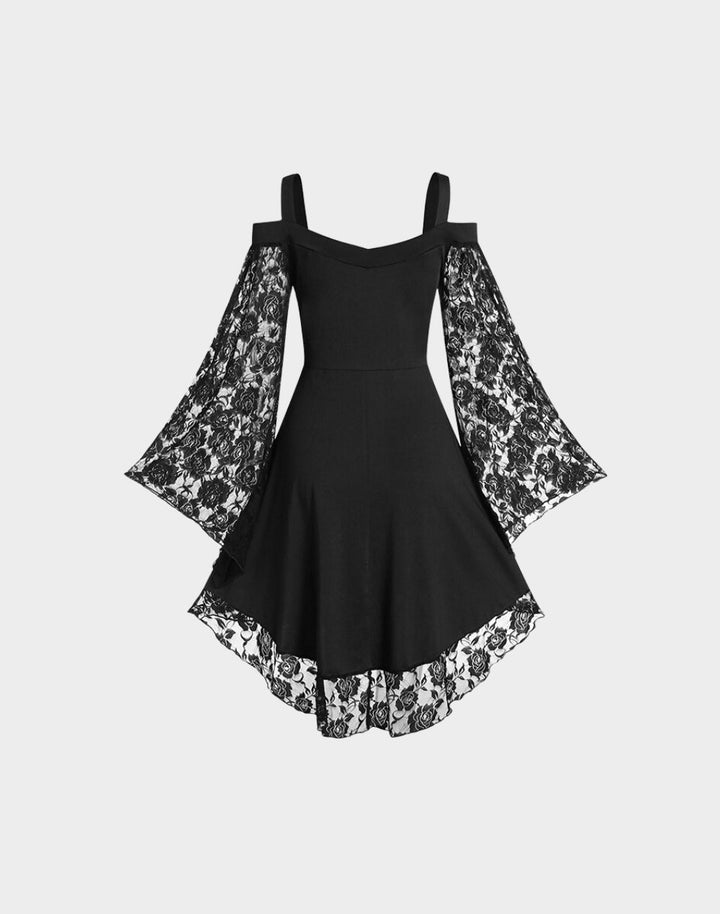 Back View of Goth Lace Off-The-Shoulder Strap Mini Dress in Black