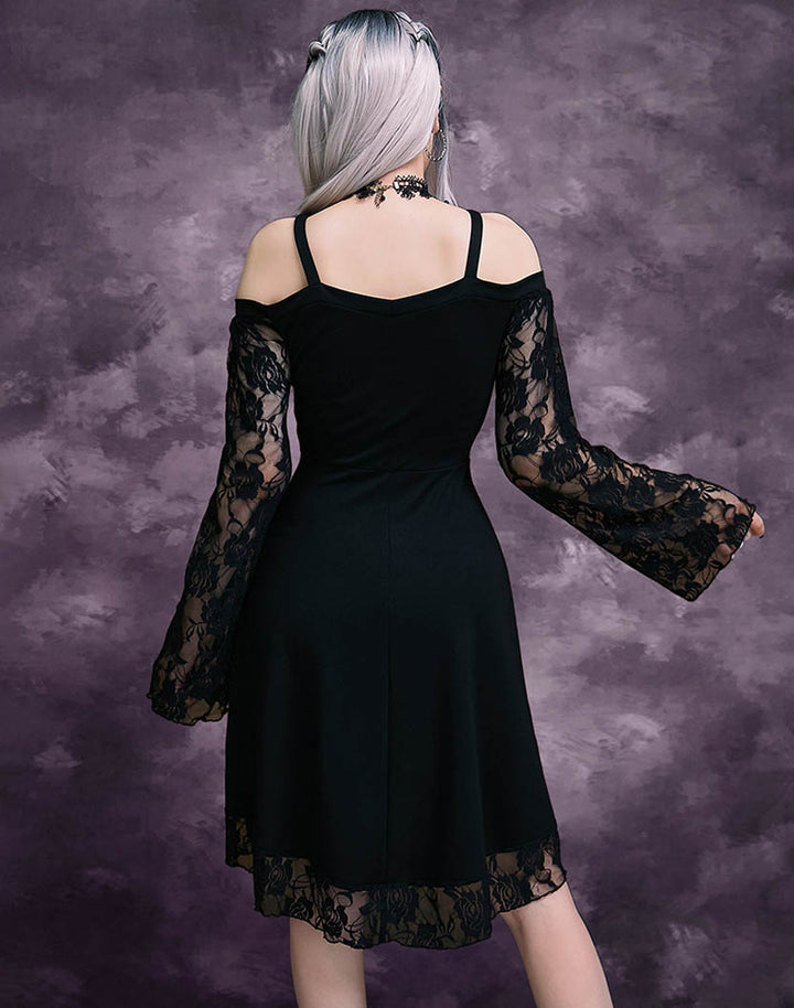 Model Showcasing Back View of Goth Lace Off-The-Shoulder Strap Mini Dress