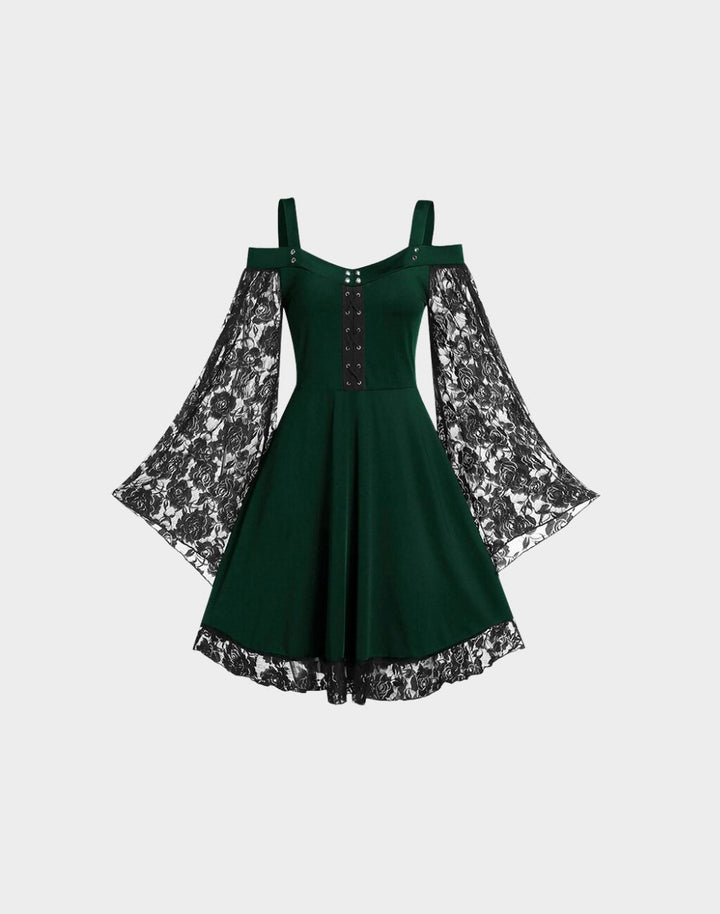 Goth Lace Off-The-Shoulder Strap Mini Dress in Enchanted Green