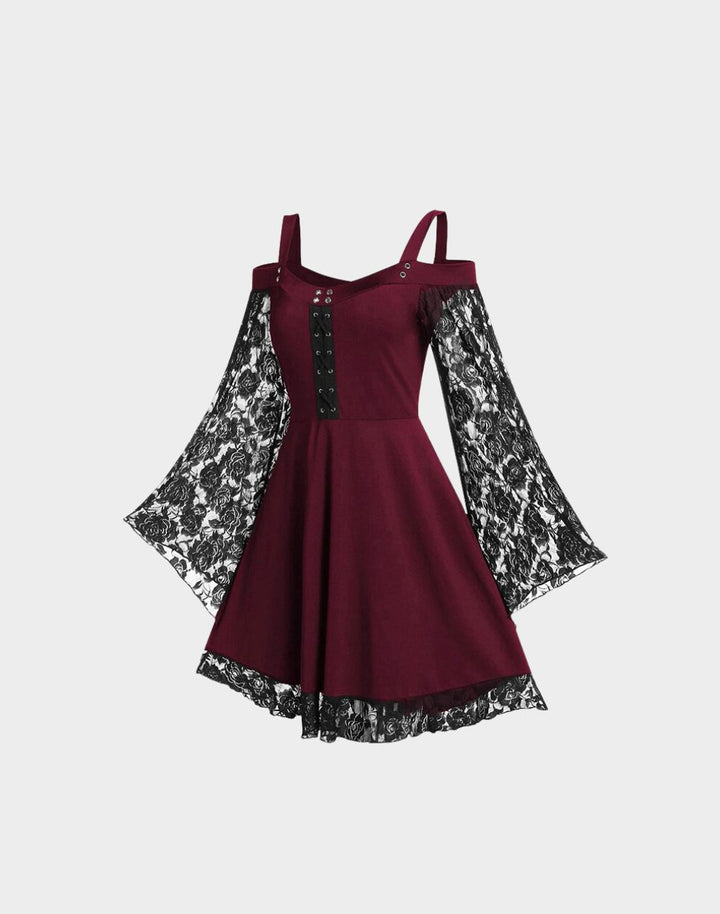 Side View of Goth Lace Off-The-Shoulder Strap Mini Dress in Red