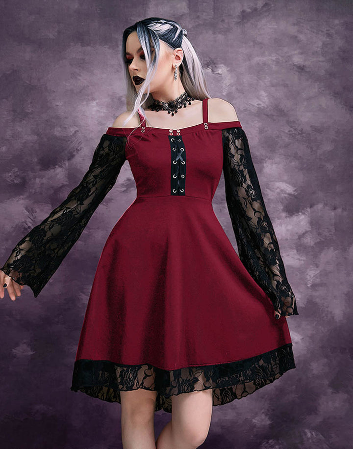 Model Wearing Goth Lace Off-The-Shoulder Strap Mini Dress in Red
