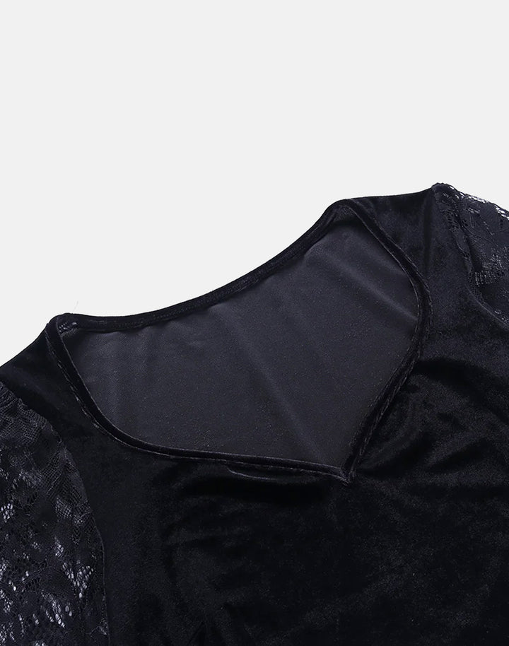 detail of gothic dark kawaii velvet top with lace sleeves