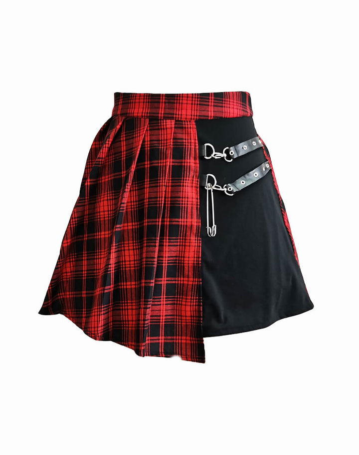 Front View of Red Trendy Plaid Skirt in Polyester