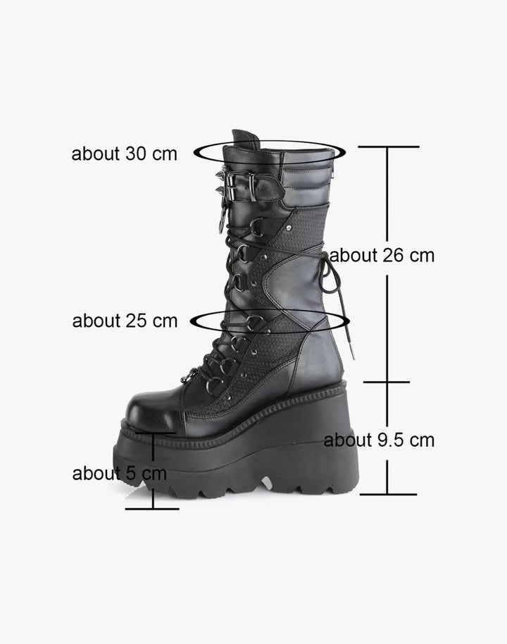 Close-up of the size details on Street Kawaii's Goth Spike Boots, indicating heel height and platform measurements.