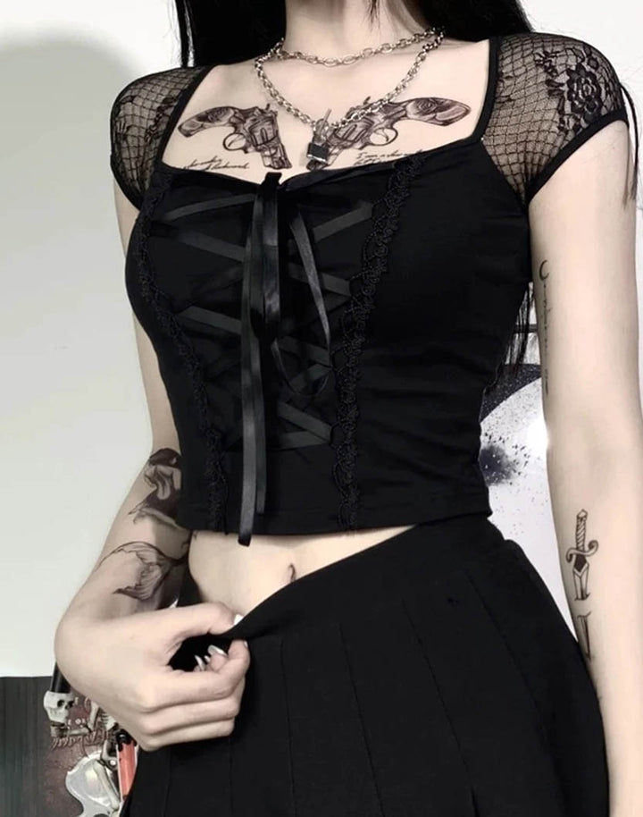 Model wearing Gothic Bandage Lace Top
