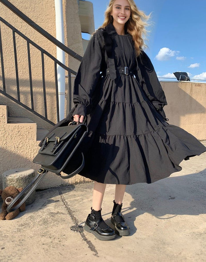 european model wearing goth black dress