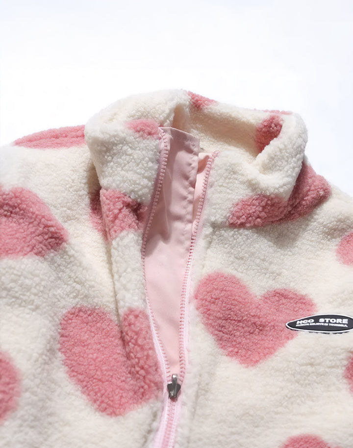 Close up detail of heart-shaped pattern Y2K Jacket showing the zipper and wool texture