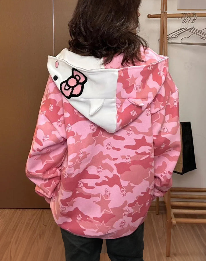 Back view of model in Hello Kitty Camouflage Hoodie, featuring the unique back design and Y2K style.