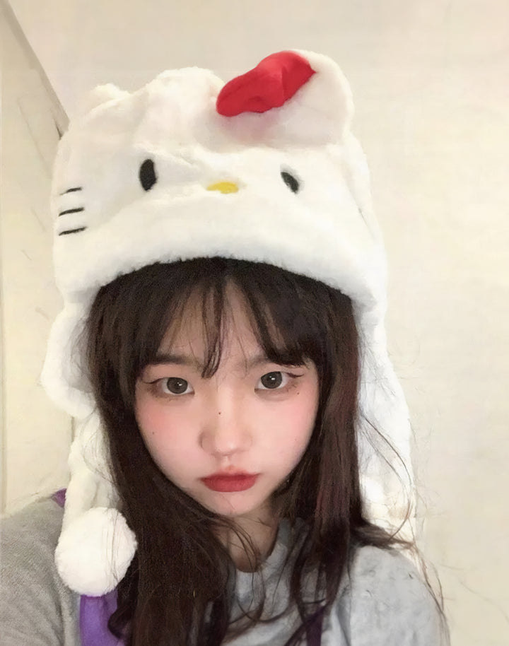 Model wearing kawaii hello kitty sanrio fluffy texture winter hat for womens 