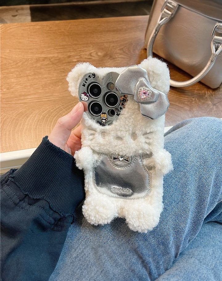 Silver Hello Kitty Plush Phone Case, highlighting elegant silver plush material with adorable Hello Kitty face.