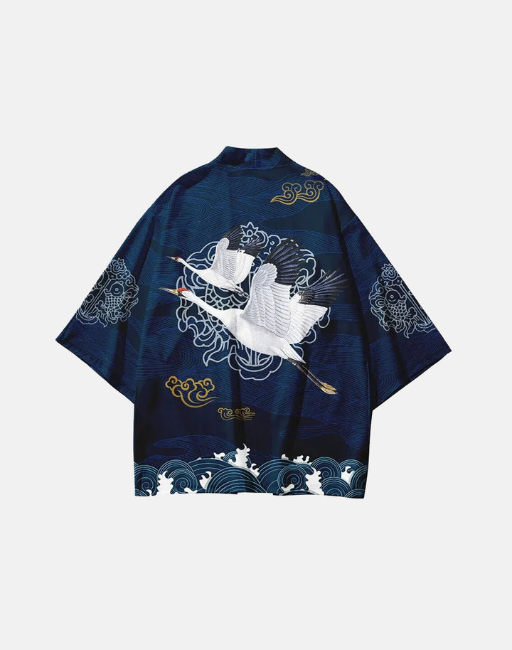 White Crane Print Asian Style Haori Jacket