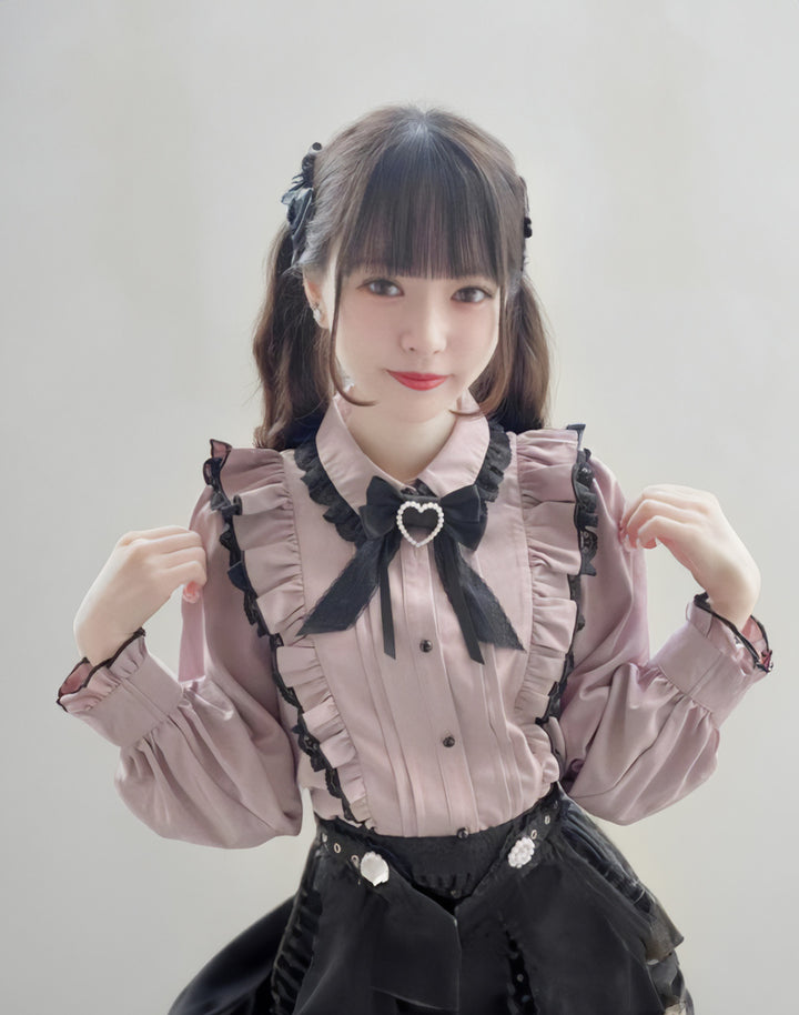 Jirai Kei Lace Blouse with satin black bow and ruffle detailing - Street Kawaii