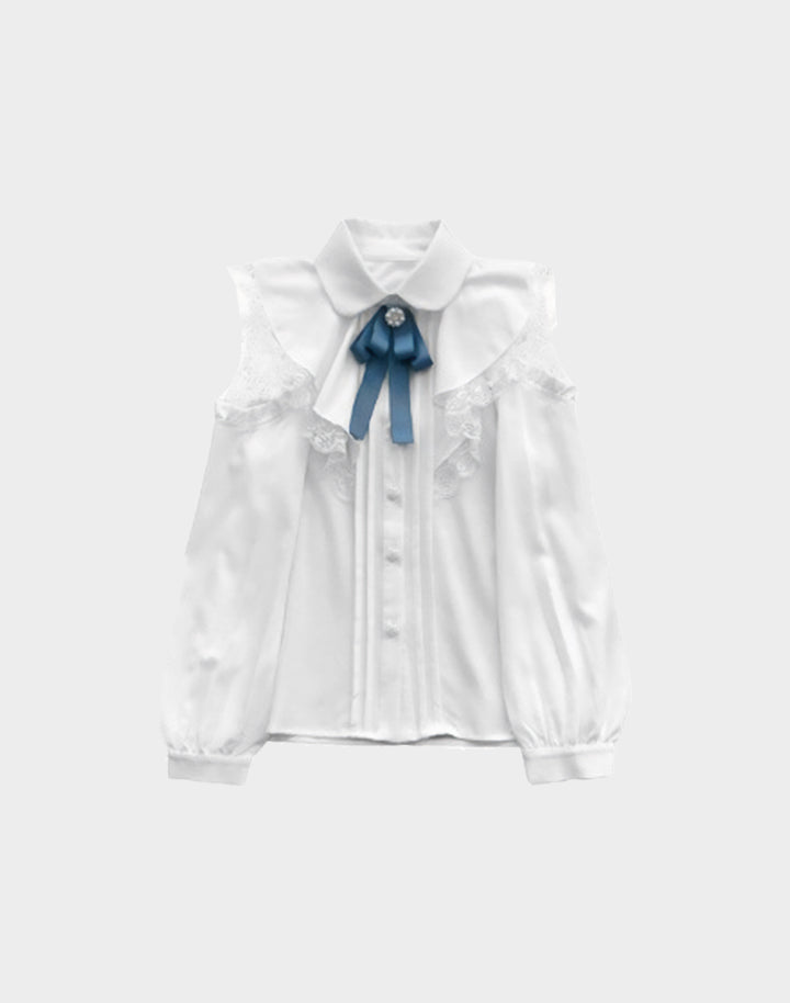 Elegant White Jirai Kei Ruffle Neck Bow Blouse - Victorian Inspired Design on White Background