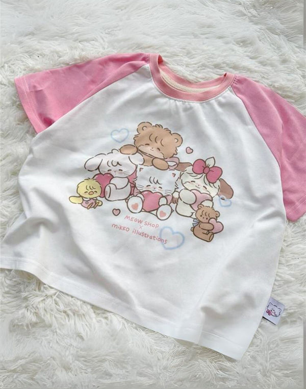 Kawaii Bunny Style Y2K T-Shirt with adorable animal print, featuring pink raglan sleeves and a white body. Perfect for Street Kawaii fashion