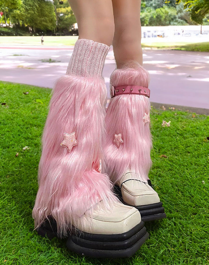 close up view of the side of kawaii pink furry leg warmers with Y2K and Kawaii style