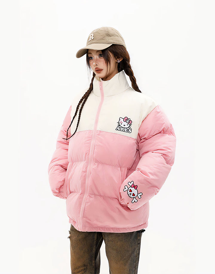 Fashion-forward model rocking the Pink Hello Kitty Puffer Jacket with a focus on the adorable Hello Kitty patch on the cuff.