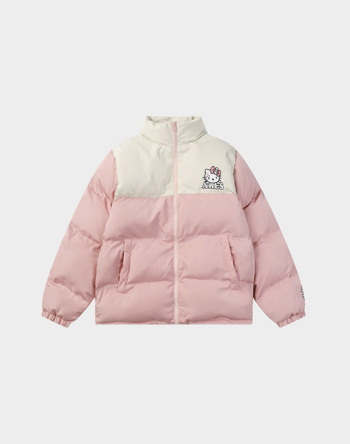 Pink Hello Kitty Puffer Jacket - Playful and cute, modeled in two variations, showcasing the adjustable drawstring and side pocket detail.
