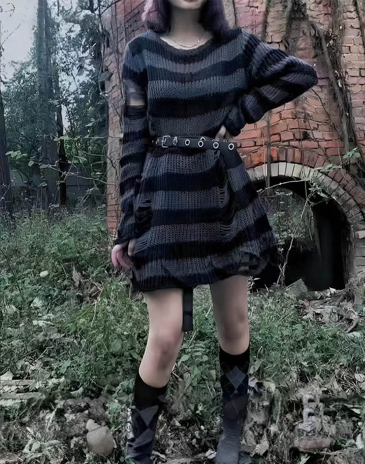 goth alternative model wearing grey color distresses sweater