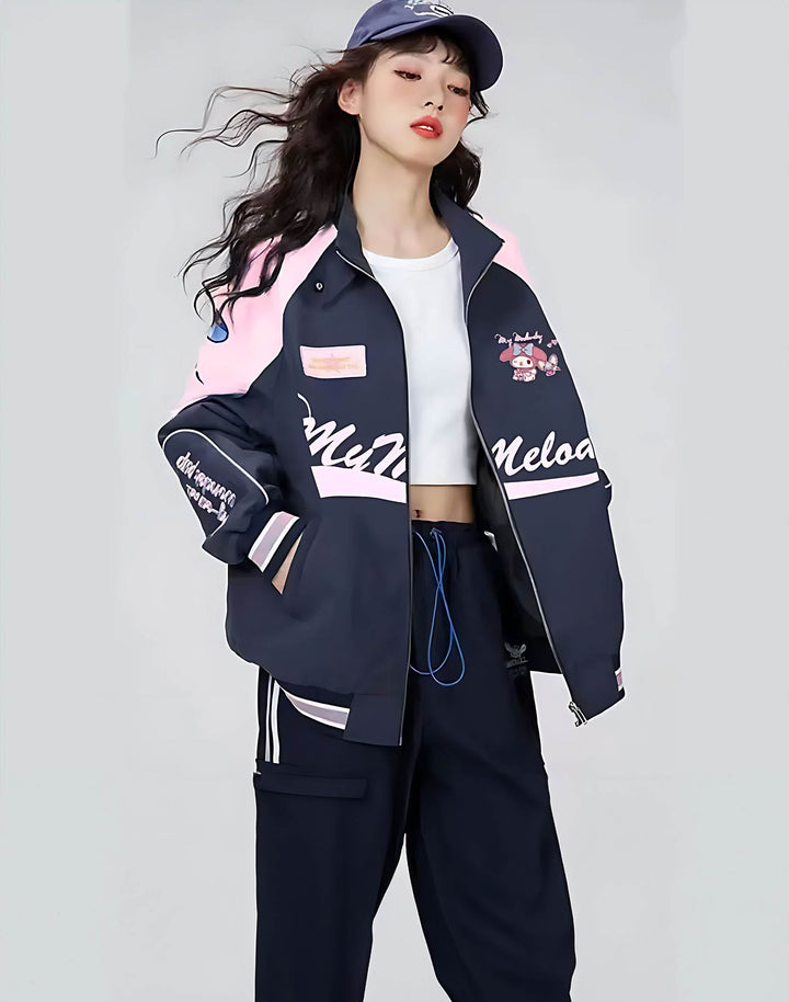 Asian model wearing pink racer jacket with my melody sanrio detail