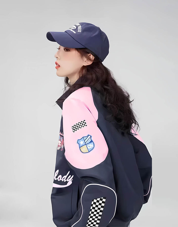 Asian model showing the side view of the motorsport jacket in pink color