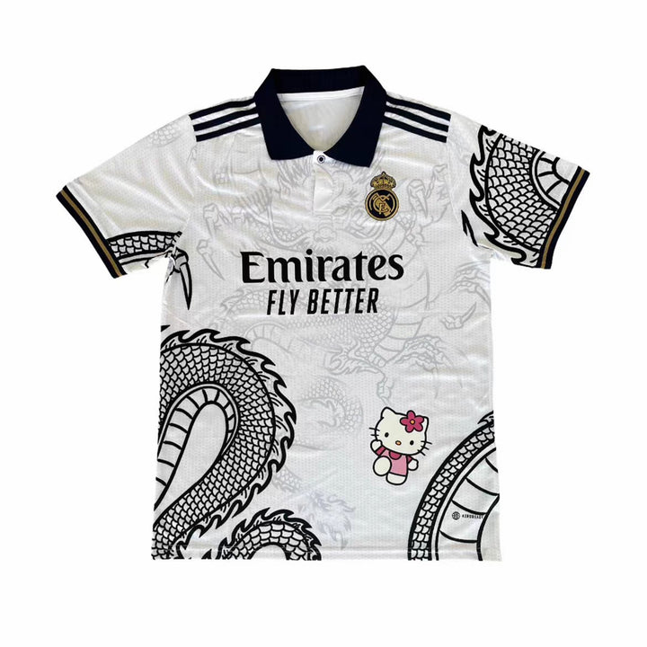 Back view of the pink Real Madrid Hello Kitty Jersey with intricate dragon artwork, showcasing a playful blend of Sanrio and sporty streetwear fashion.