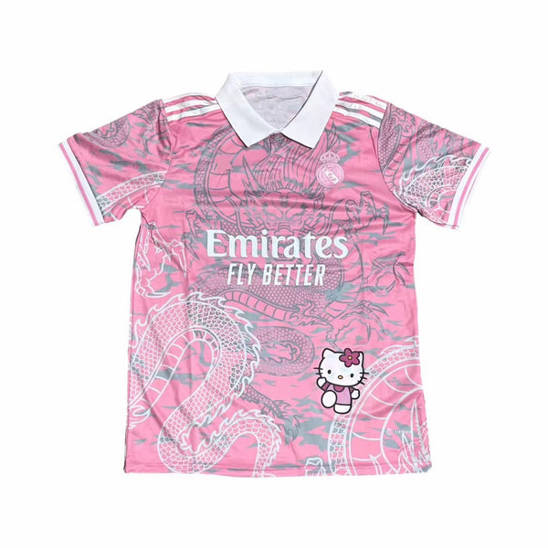 Front view of the pink Real Madrid Hello Kitty Jersey with dragon motifs, featuring Hello Kitty graphic, Fly Emirates branding, and sporty Harajuku fashion design.