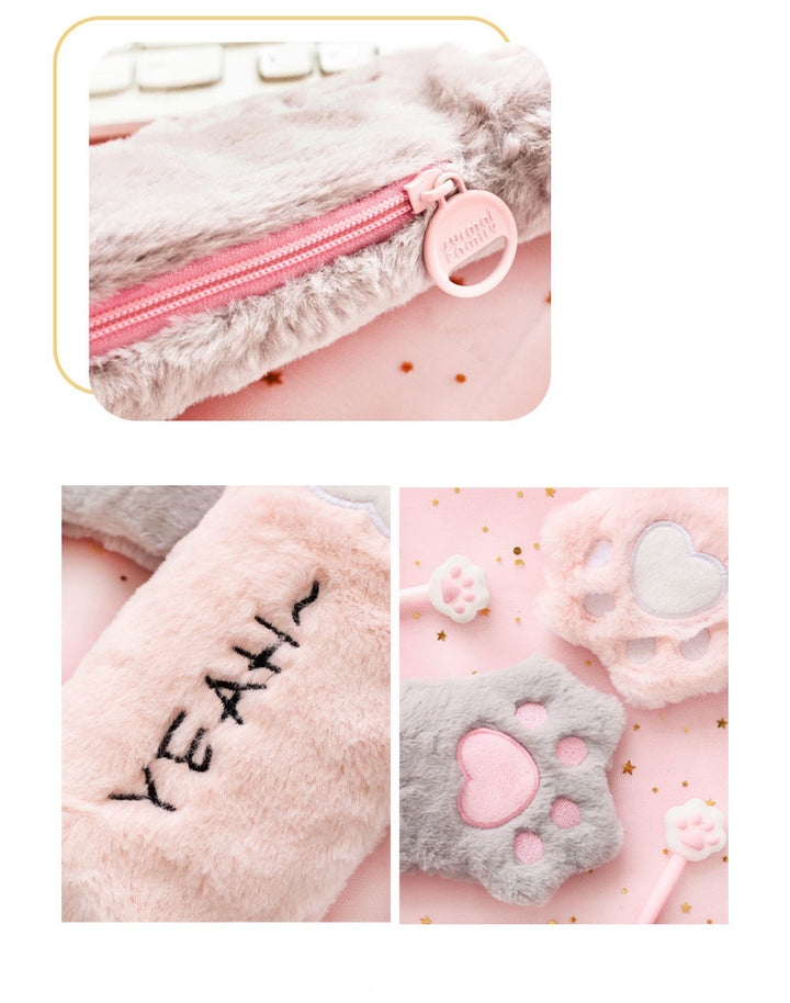 each side details of fluffy cat design pencil case