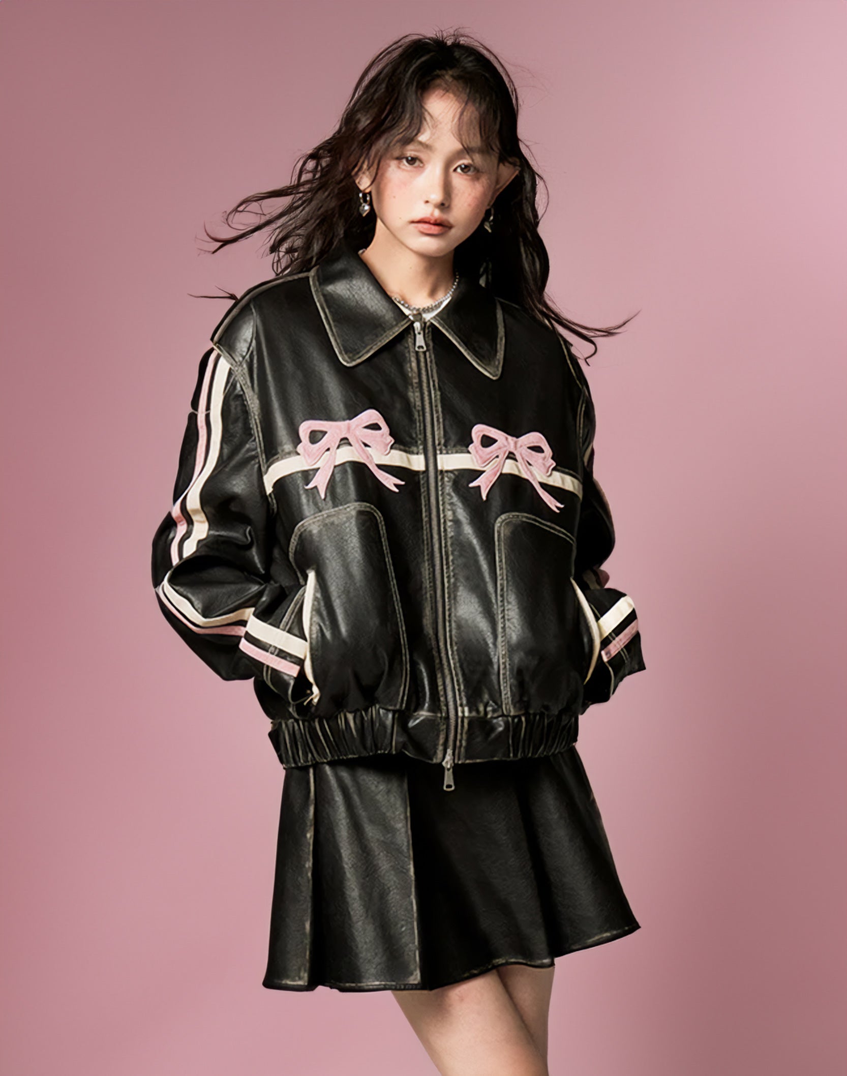 Pink Bow Print Y2K Leather Racing Jacket - Street Kawaii