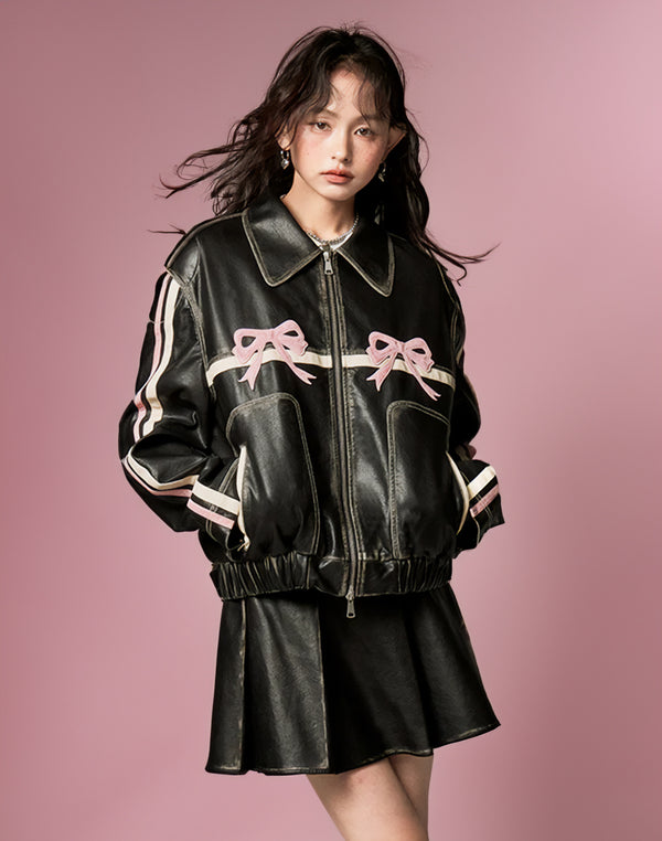 Pink Bow Print Y2K Leather Racing Jacket