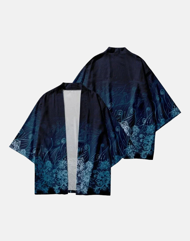 blue floral print anime style kimono outer
