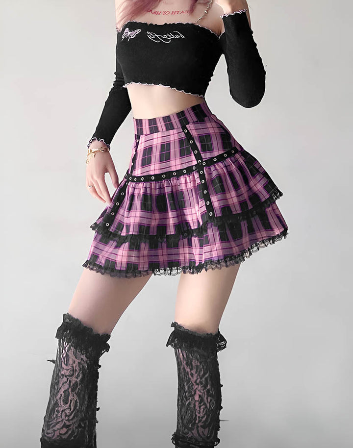 Model wearing Purple Pastel Goth Skirt - A blend of kawaii and goth style.