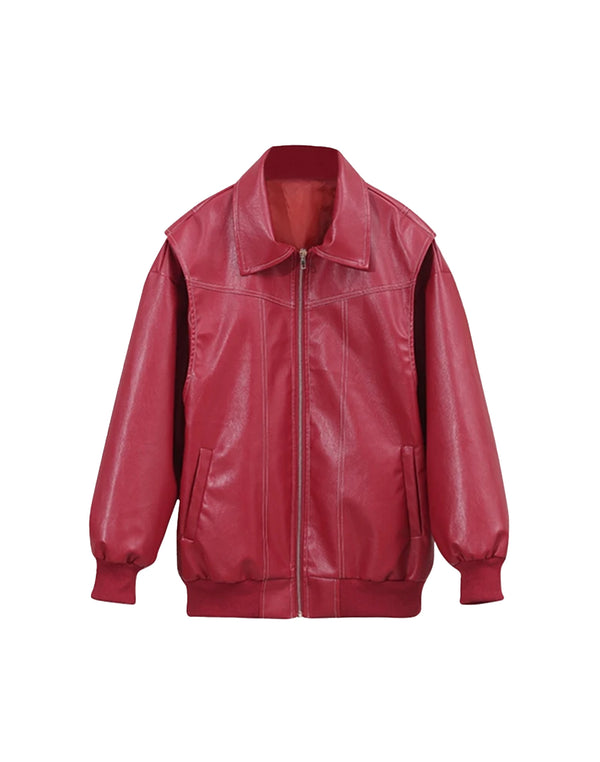 Red Retro Loose Leather Jacket
