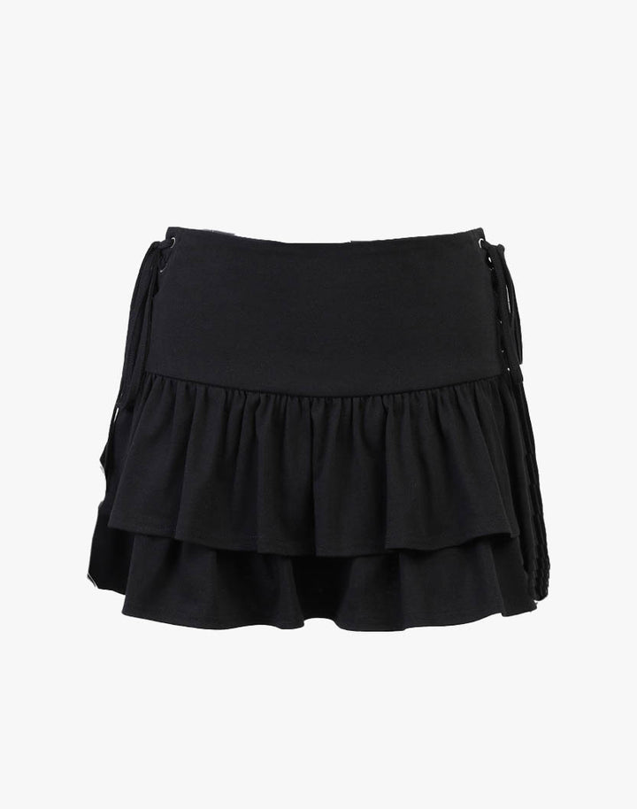 front detail of Ruffle Goth Black Skirt