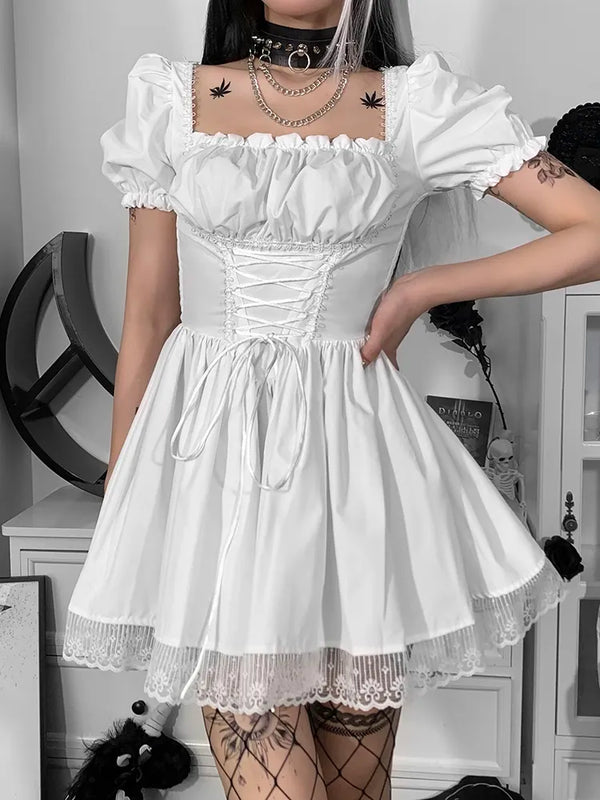 white cute mini dress with ruffle and lace kawaii fashion goth vintage look