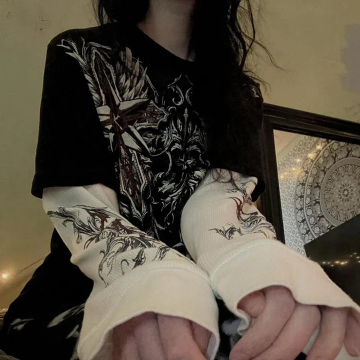 Close-up of the layered white sleeves with detailed gothic vine designs on an e-girl, emphasizing the dark alternative fashion aesthetic.