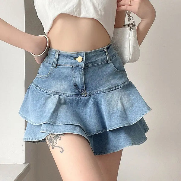 Front view of a light blue Y2K denim ruffle skirt with high-waist fit, dual-layered ruffles, and button-zipper closure, perfect for kawaii fashion lovers.