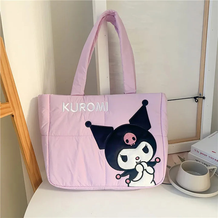 Kuromi puffer bag with soft padding and spacious interior. Shop this cute handbag for university at Street Kawaii.