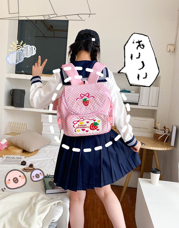 Model Showing Strawberry Kawaii Backpack